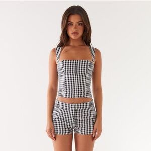 Black White Gingham Clayton Tank top lace up tie back